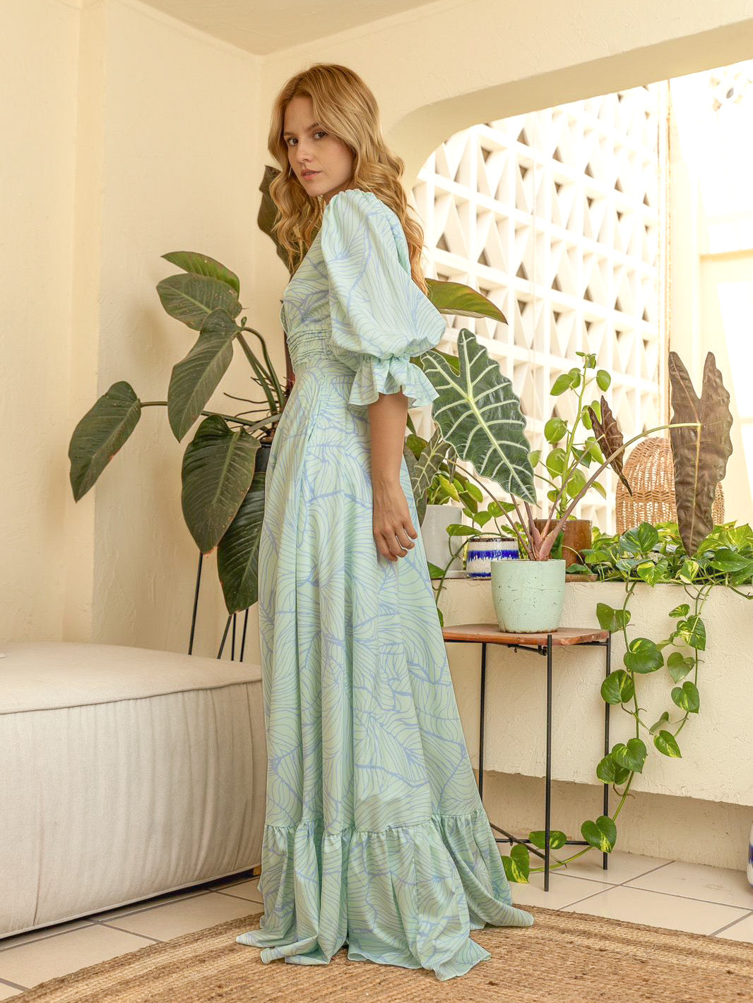 Teal Leaves Maxi Dress Studio Silk Elegant Puff Sleeve Medium Teal Leaves Maxi Dress Studio Silk Elegant Puff Sleeve Medium